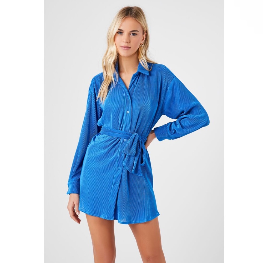 FOREVER 21 Ribbed Tie-Waist Plisse Shirt Dress Small
